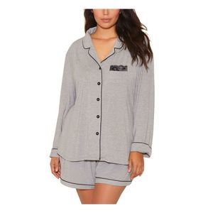 I COLLECTION Womens Gray Notched Collar Button Up Shorts Pants Pajamas Plus 3X